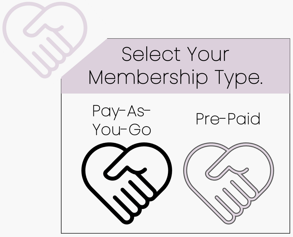 Box showing heart icons representing two options for "membership" - "Pay-As-You-Go" or "Pre-Paid"