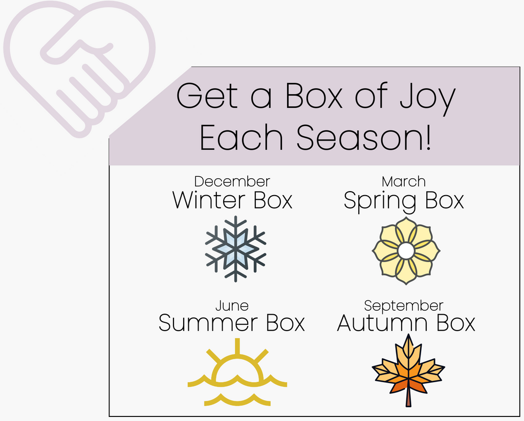Box showing icons representing four seasons - Winter Box in December, Spring Box in March, Summer Box in June, and Autumn Box in September